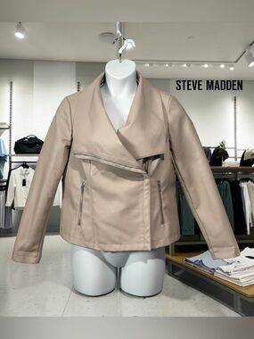 NEW, Steve Madden, Faux Leather Moto Jacket, Beige, XL, Draped Collar Zip Front
